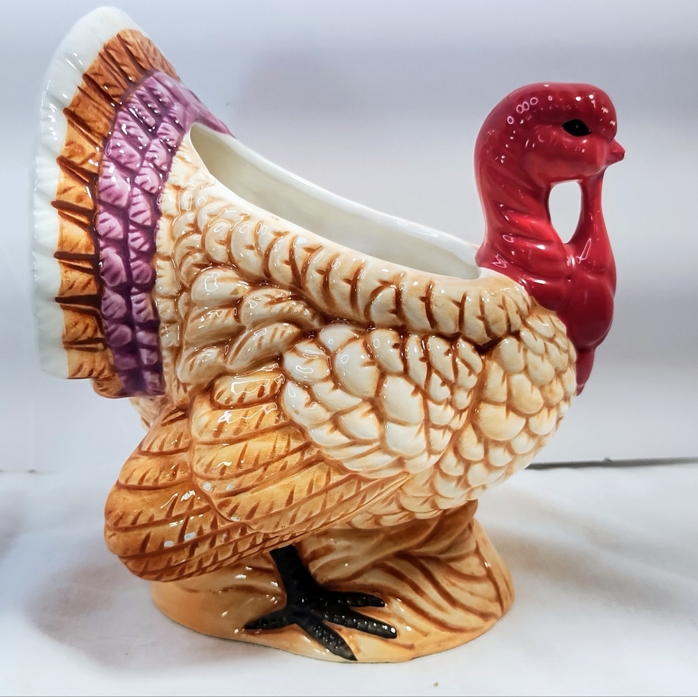 Lefton Ceramic Turkey Planter 06484 Thanksgiving Decor 6" Tall VTG 1987
